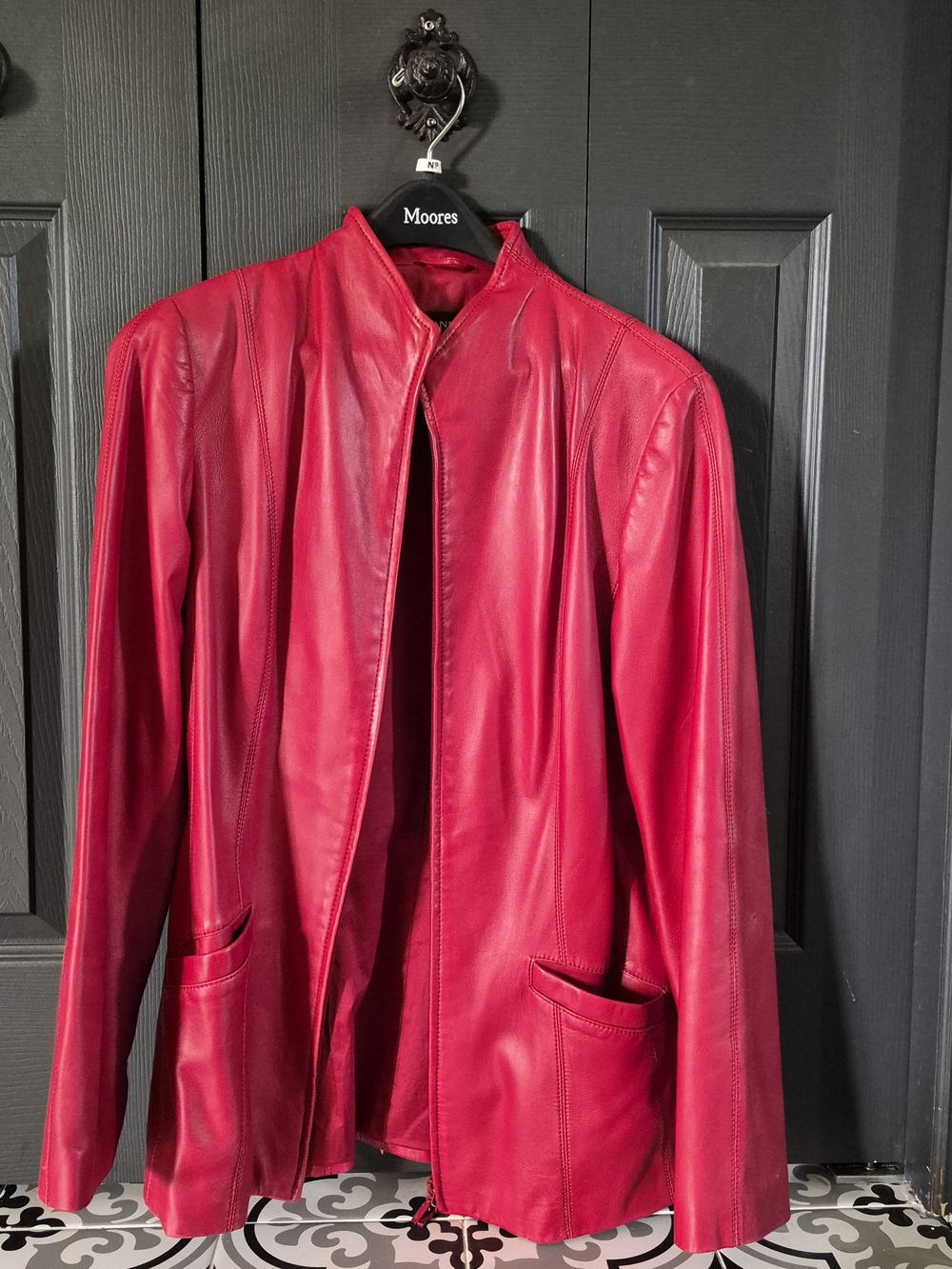 Danier Red Leather Bomber Jacket with Stand Collar